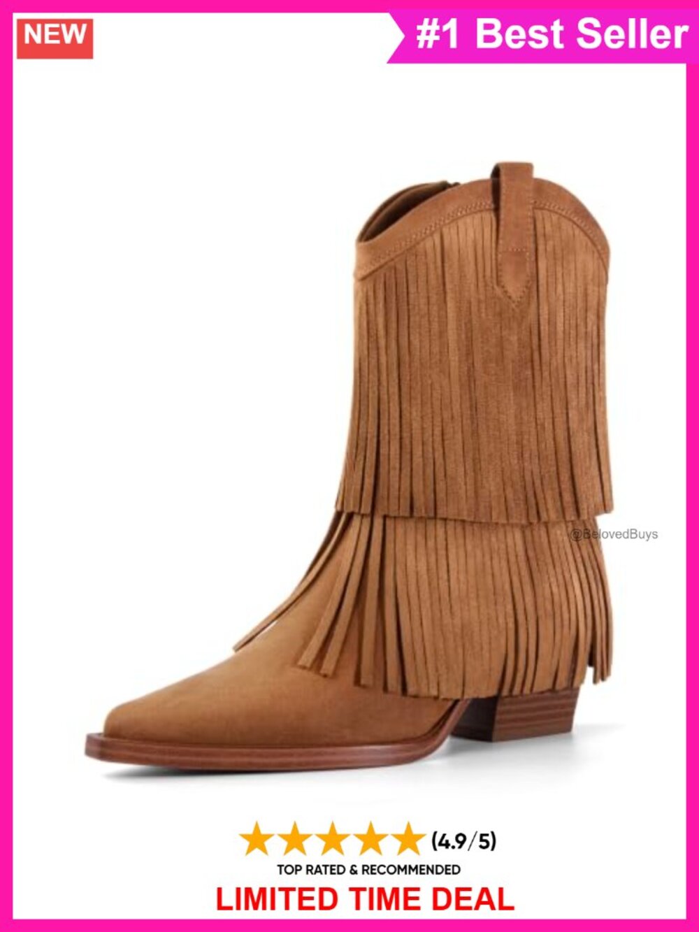 Fringe Mid Calf Western Cowboy Boots for Women Pointed Toe Block Heel